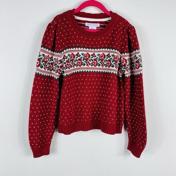 Tommy Bahama Girls Size 7 Fair Isle Crew Neck Sweater Red Cotton Blend - Picture 1 of 4